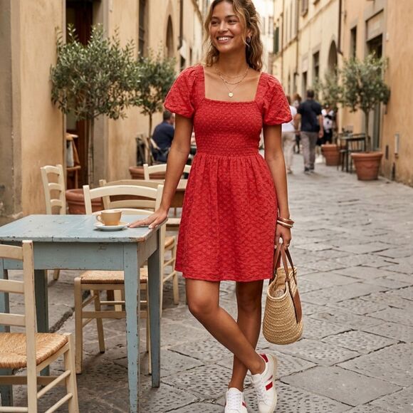 Madewell Dresses & Skirts - Madewell Eyelet Lucie Smocked Mini Dress Red Picnic Brunch Vacation Women Small